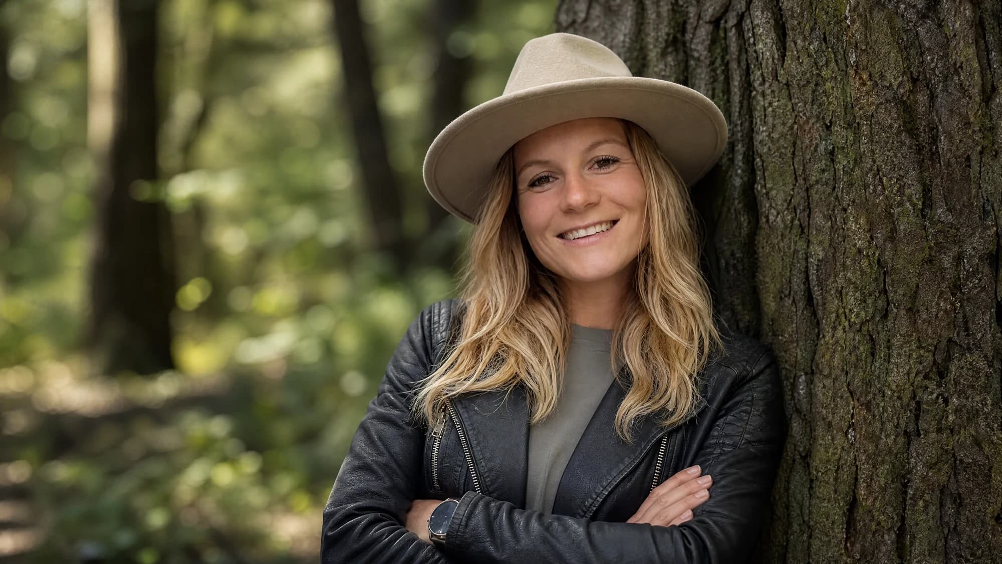 Debbie Doomen in het bos, ontspannen leunend tegen een boom